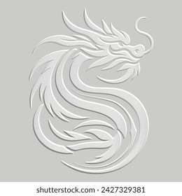 Ornamental emboss beautiful white 3d chinese dragon pattern. Happy Chinese new year 2024 Zodiac sign, year of the Dragon. Relief embossed trendy vector background. Surface ornate 3d texture. Logo.