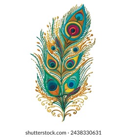 Pluma de pavo real colorido bordado ornamental. Pluma brillante con textura bordada. Decorativo hermoso diseño aislado. Textura de líneas de costura de superficie ornamentada. Fondo blanco. Ilustración vectorial.