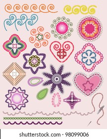 Ornamental embroidery set: flowers, patterns, brushes.