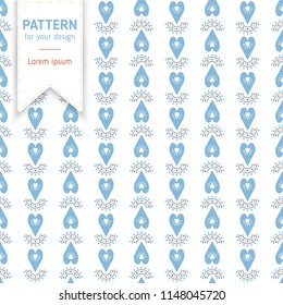 Ornamental ethnic folk seamless pattern with blue hearts. Abstract vector on white background, perfect for print, fashion, yoga, textile, design
