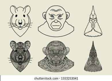 Ornamental Ethnic patterned heads of animals Set. Rat, monkey and rooster. Abstract card with hand drawn detailed snout. Sketch for tattoo, poster, print or t-shirt. Vector illustration