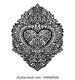 Ornamental ethnic print with heart. Decoration pattern for coloring book. Graphic element for valentine day card or tattoo. Love and romantic tribal. Decorative hand draw vector illustration