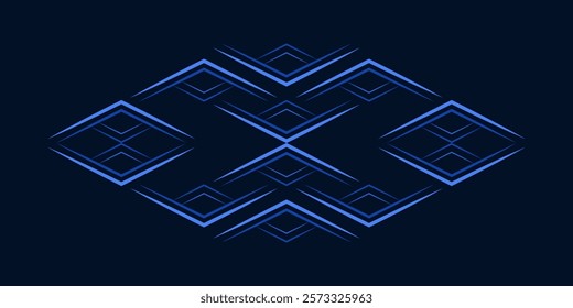 Ornamental ethnic single pattern of country style. Blue sharp rays on on dark blue background. Vector monochrome diamond ornament of rhombuses. Delicate decor for clothes, album pages, etc.