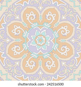 Ornamental ethnicity pattern in warm and cold colors, in pastel scale. The circular arrangement of stalks and leaves. Ornament of bright pastel orange purple turquoise and white elements.