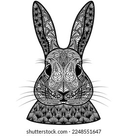 Ornamental face Rabbit symbol new year 2023 Black concept Patterned bunny head design Painted ethnic ornament Hand drawn outline sketch style Animal silhouette Print for t-shirts Vector illustration