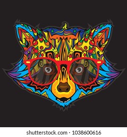 Ornamental face of raccoon in line art style with sunglasses, vector illustration isolated on black background 