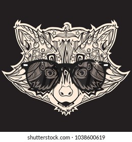 Ornamental face of raccoon in line art style with sunglasses, vector illustration isolated on black background 
