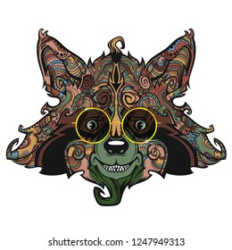 Ornamental face of raccoon, vector line art illustration isolated on white background, face with eyeglasses