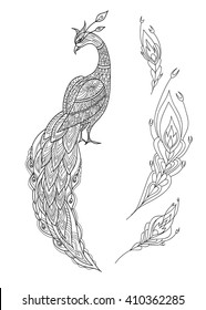 Ornamental fantasy bird  hand drawn. Vector illustration. Folk design. Line art. T-shirt designs.