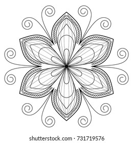 Ornamental fantasy doodle flower isolated on white background. Black outline mandala. Floral circle element. Vector illustration.