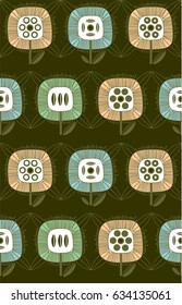 Ornamental fantasy flowers from geometric shapes in green, blue, beige and black colors a seamless pattern on a brown background.