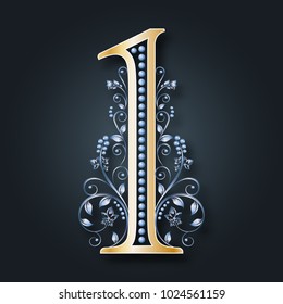 Ornamental figure 1. Illustration of floral numbers. Gold and silver. Monogram. Vintage pattern. Template for wedding invitations, certificates, brochures, banners.