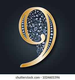 Ornamental figure 9. Illustration of floral numbers. Gold and silver. Monogram. Vintage pattern. Template for wedding invitations, certificates, brochures, banners.