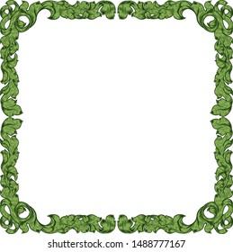 An ornamental filigree heraldry leaf pattern floral scroll border vintage style frame design