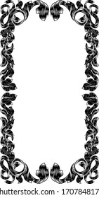 An ornamental filigree heraldry leaf pattern floral scroll border vintage style frame design