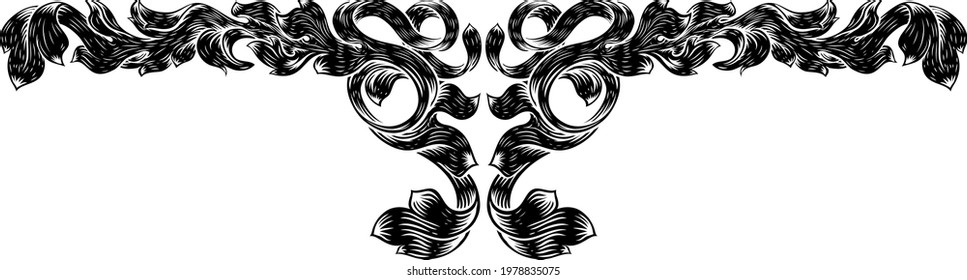 An ornamental filigree heraldry leaf pattern floral scroll vintage style design