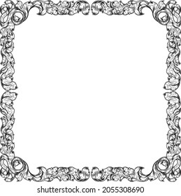 An ornamental filigree heraldry leaf pattern floral scroll border vintage style frame design