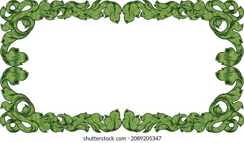 An ornamental filigree heraldry leaf pattern floral scroll border vintage style frame design