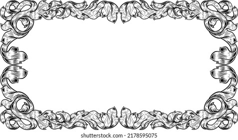 An ornamental filigree heraldry leaf pattern floral scroll border vintage style frame design