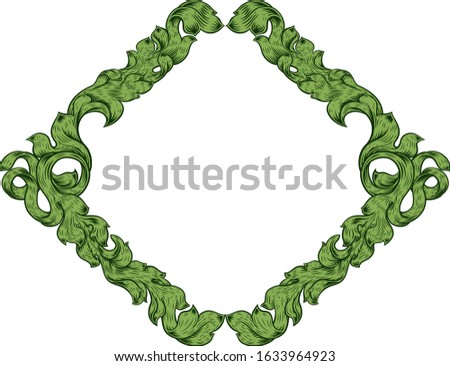An ornamental filigree heraldry leaf pattern floral scroll border vintage style frame design