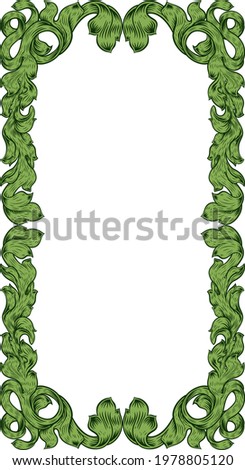 An ornamental filigree heraldry leaf pattern floral scroll border vintage style frame design