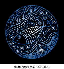 Ornamental fish on ethnic floral circle background. Hand drawing illustration.