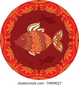 ornamental fish on ethnic floral circle background