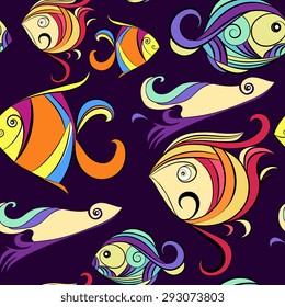 Ornamental fish in seamless pattern on dark background