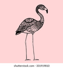 Ornamental flamingo, trendy ethnic zentangle design, hand drawn vector illustration