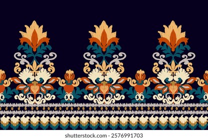 Ornamental floral border vector design featuring intricate patterns with vibrant orange, navy, and teal tones. Perfect for fabric designs, decorative projects, and digital artwork.