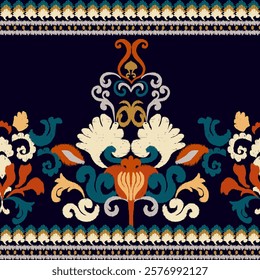 Ornamental floral border vector design featuring intricate patterns with vibrant orange, navy, and teal tones. Perfect for fabric designs, decorative projects, and digital artwork.