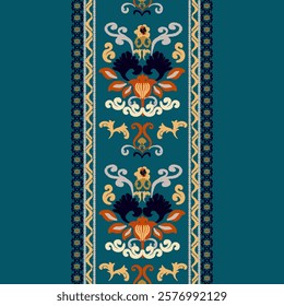 Ornamental floral border vector design featuring intricate patterns with vibrant orange, navy, and teal tones. Perfect for fabric designs, decorative projects, and digital artwork.