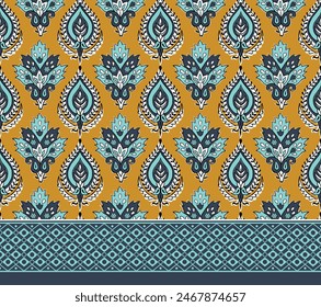 ORNAMENTAL FLORAL DAMASK SEAMLESS PATTERN WITH BORDERS WALLPAPER BACKGROUND IN VINTAGE STYLE