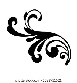 Ornamental Floral Design A classic black and white floral design element featuring elegant, curved leaves and intricate detailing. Perfect for use in decorative borders, logos, or vintage-inspired 