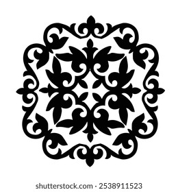 Design floral ornamental Um elemento clássico de design floral preto e branco com folhas elegantes e curvas e detalhamento intrincado. Perfeito para uso em bordas decorativas, logotipos ou vintage-inspirado 