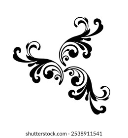 Ornamental Floral Design A classic black and white floral design element featuring elegant, curved leaves and intricate detailing. Perfect for use in decorative borders, logos, or vintage-inspired 