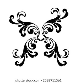 Ornamental Floral Design A classic black and white floral design element featuring elegant, curved leaves and intricate detailing. Perfect for use in decorative borders, logos, or vintage-inspired 