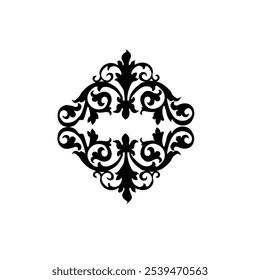 Ornamental Floral Design A classic black and white floral design element featuring elegant, curved leaves and intricate detailing. Perfect for use in decorative borders, logos