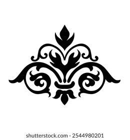 Ornamental Floral Design A classic black and white floral design element featuring elegant, curved leaves and intricate detailing. Perfect for use in decorative borders, logos