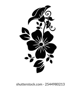 Ornamental Floral Design A classic black and white floral design element featuring elegant, curved leaves and intricate detailing. Perfect for use in decorative borders, logos