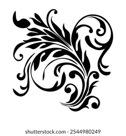 Design floral ornamental Um elemento clássico de design floral preto e branco com folhas elegantes e curvas e detalhamento intrincado. Perfeito para uso em bordas decorativas, logotipos