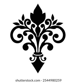 Ornamental Floral Design A classic black and white floral design element featuring elegant, curved leaves and intricate detailing. Perfect for use in decorative borders, logos