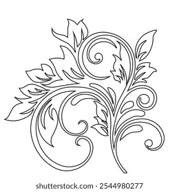 Ornamental Floral Design A classic black and white floral design element featuring elegant, curved leaves and intricate detailing. Perfect for use in decorative borders, logos