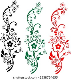 Diseño floral ornamental en remolinos rojos y verdes, Imagen PNG. Elegante diseño de remolino floral en Colores duales - rojo y verde. Vector Floral Abstractas – Diseño Botánico Rojo y Verde. 