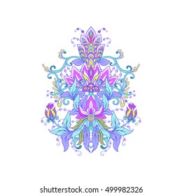 Ornamental floral element for design in vintage style. Vector vintage pattern in Victorian style. Ornament for wedding invitations, greeting cards. In vaporwave pastel neon, psychedelic style