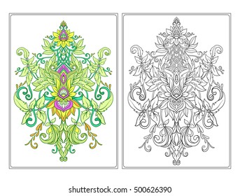 Ornamental floral element for design in vintage style. Vector vintage pattern in Victorian style. Anti stress coloring book for adult. Outline drawing coloring page with example.