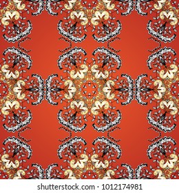 Ornamental floral elements with henna tattoo, golden stickers, mehndi and yoga design, cards and prints. Pattern on orange, white colors with golden elements. Vector golden mehndi seamless pattern.