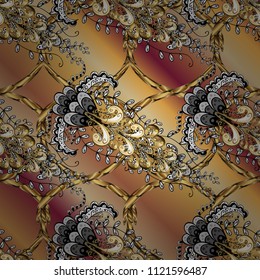 Ornamental floral elements with henna tattoo, golden stickers, mehndi and yoga design, cards and prints. Pattern on beige, brown and black colors. Vector golden mehndi ornamental pattern.