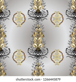 Ornamental floral elements with henna tattoo, golden stickers, mehndi and yoga design, cards and prints. Pattern on gray and neutral colors. Vector golden mehndi seamless pattern.