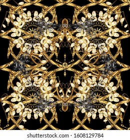 Ornamental floral elements with henna tattoo, golden stickers, mehndi and yoga design, cards and prints. Vector golden mehndi seamless pattern. Pattern on brown and black colors.